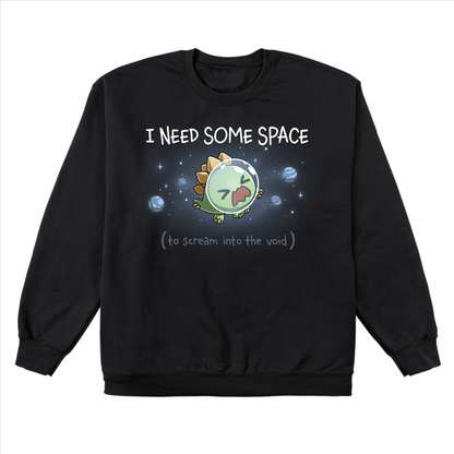 Crew Neck Sweatshirt_TeeTurtle black I Need Some Space (To Scream into the Void) Crew Neck Sweatshirt featuring an overwhelmed but cute stegosaurus astronaut with a space helmet, floating in space with the text "I Need Some Space (to scream into the void)"