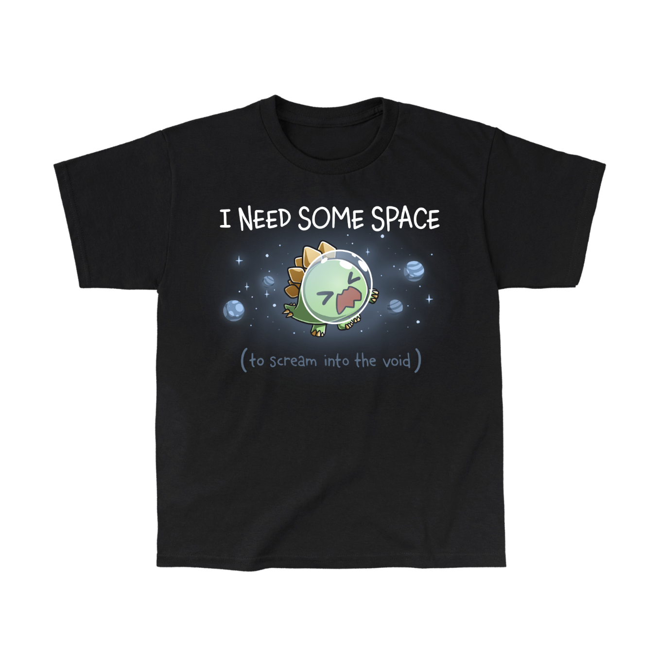 Classic Cotton T-shirt_TeeTurtle black I Need Some Space (To Scream into the Void) Classic Cotton T-shirt featuring an overwhelmed but cute stegosaurus astronaut with a space helmet, floating in space with the text "I Need Some Space (to scream into the void)"