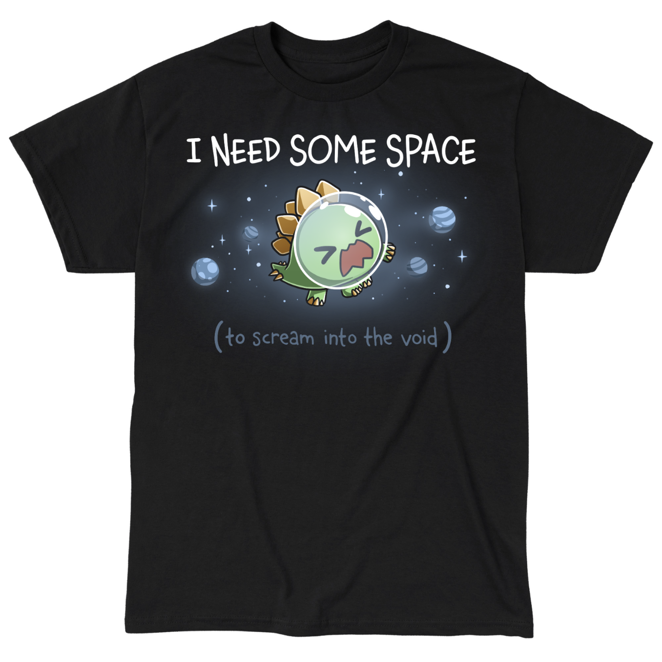 Classic Cotton T-shirt_TeeTurtle black I Need Some Space (To Scream into the Void) Classic Cotton T-shirt featuring an overwhelmed but cute stegosaurus astronaut with a space helmet, floating in space with the text "I Need Some Space (to scream into the void)"