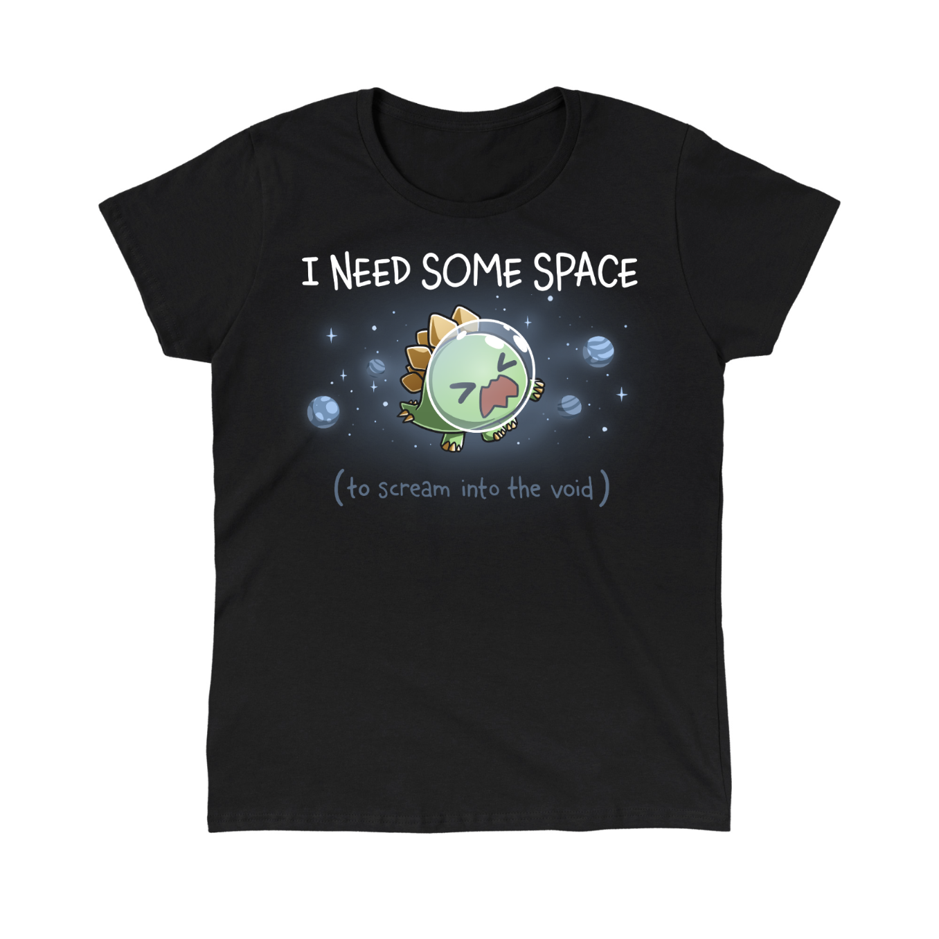 Classic Cotton T-shirt_TeeTurtle black I Need Some Space (To Scream into the Void) Classic Cotton T-shirt featuring an overwhelmed but cute stegosaurus astronaut with a space helmet, floating in space with the text "I Need Some Space (to scream into the void)"