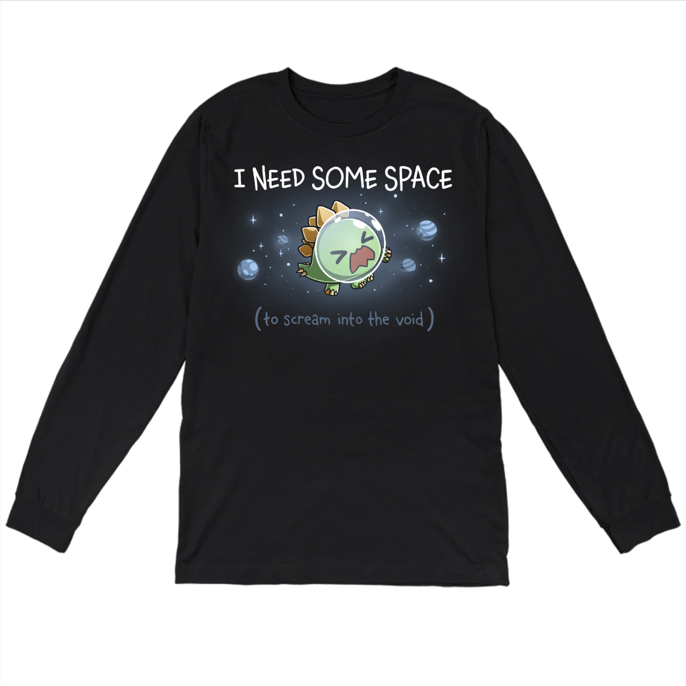 Long Sleeve T-shirt_TeeTurtle black I Need Some Space (To Scream into the Void) Long Sleeve T-shirt featuring an overwhelmed but cute stegosaurus astronaut with a space helmet, floating in space with the text "I Need Some Space (to scream into the void)"