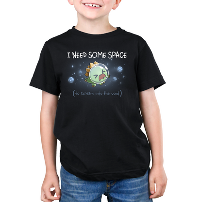 Premium Cotton T-shirt_TeeTurtle black I Need Some Space (To Scream into the Void) Premium Cotton T-shirt featuring an overwhelmed but cute stegosaurus astronaut with a space helmet, floating in space with the text "I Need Some Space (to scream into the void)"