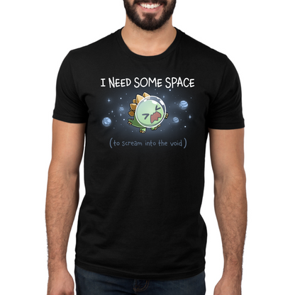 Premium Cotton T-shirt_TeeTurtle black I Need Some Space (To Scream into the Void) Premium Cotton T-shirt featuring an overwhelmed but cute stegosaurus astronaut with a space helmet, floating in space with the text "I Need Some Space (to scream into the void)"