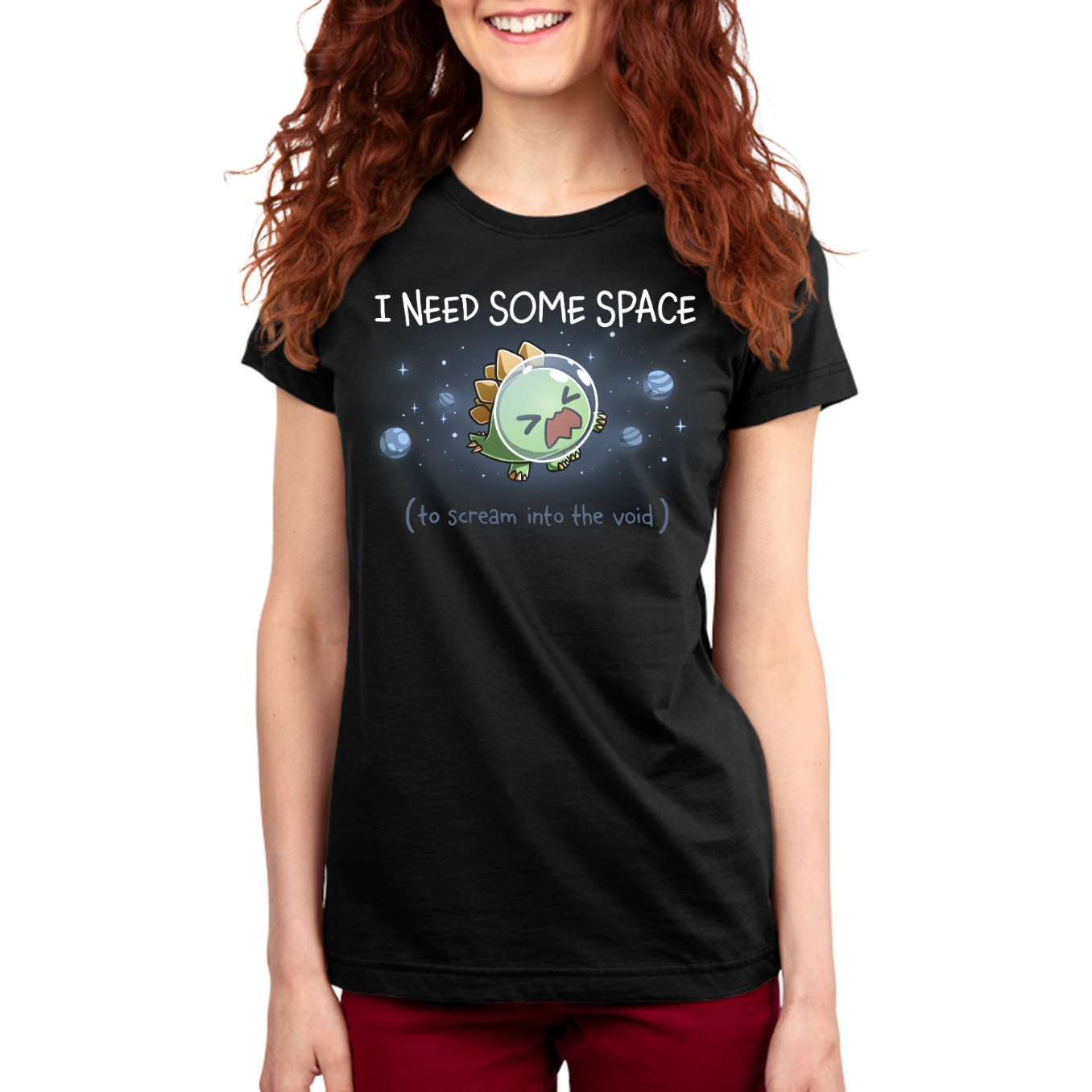 Premium Cotton T-shirt_TeeTurtle black I Need Some Space (To Scream into the Void) Premium Cotton T-shirt featuring an overwhelmed but cute stegosaurus astronaut with a space helmet, floating in space with the text "I Need Some Space (to scream into the void)"