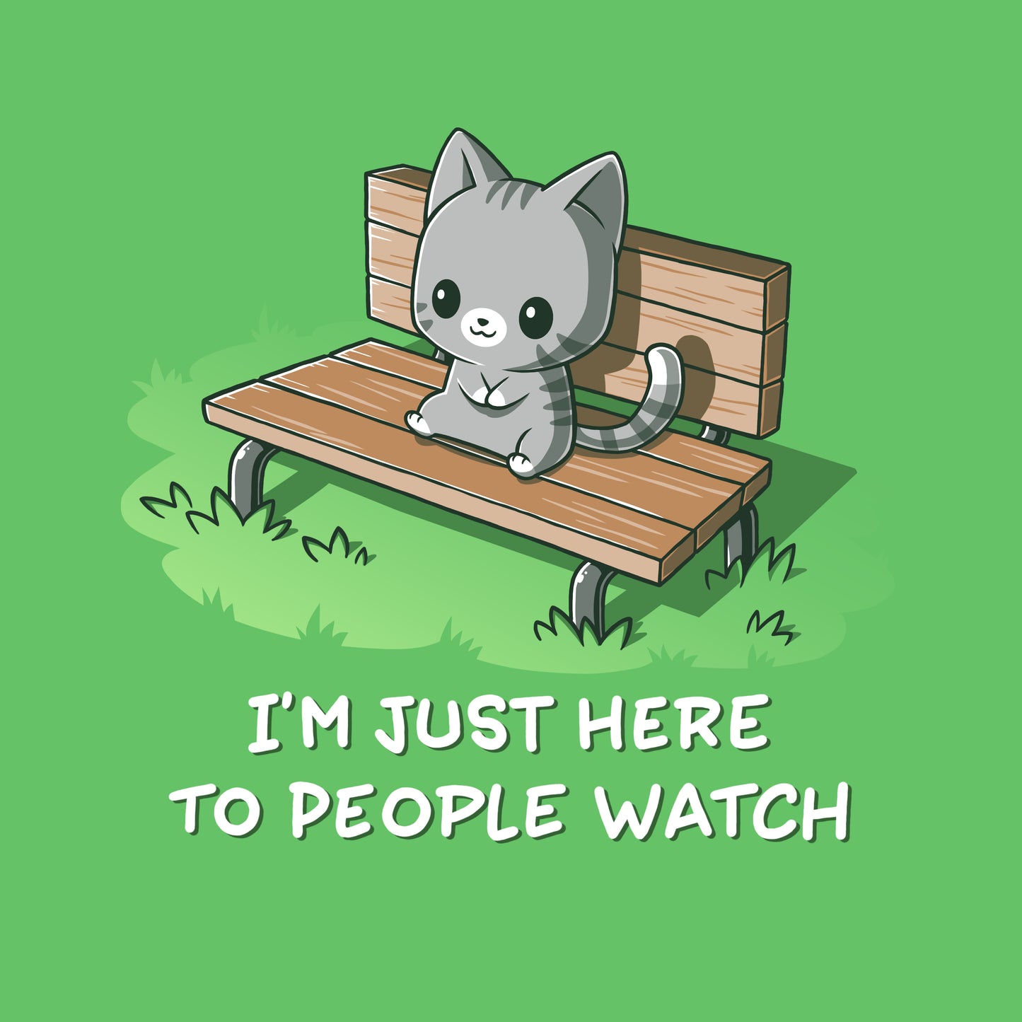 Premium Cotton T-shirt - Illustration of a cute cartoon cat sitting on a bench on an apple green apparel made from super soft ringspun cotton, accompanied by the text "I'M JUST HERE TO PEOPLE WATCH." Product: I'm Just Here to People Watch by monsterdigital.