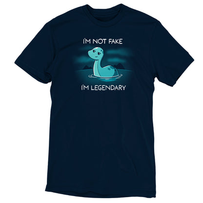 Navy blue unisex tee with an illustration of a whimsical creature resembling Nessie and the phrase "I'm not fake I'm legendary", crafted from super soft ringspun cotton by TeeTurtle.