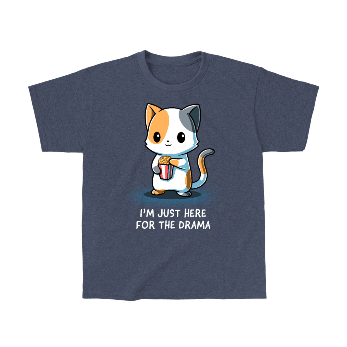 Kids' Classic T-Shirt_TeeTurtle dark teal I'm Just Here For The Drama Kids' Classic T-Shirt featuring a curious calico cat holding a tub of popcorn with the text "I'm Just Here For The Drama."