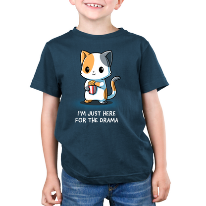 Kids' Classic T-Shirt_TeeTurtle dark teal I'm Just Here For The Drama Kids' Classic T-Shirt featuring a curious calico cat holding a tub of popcorn with the text "I'm Just Here For The Drama."