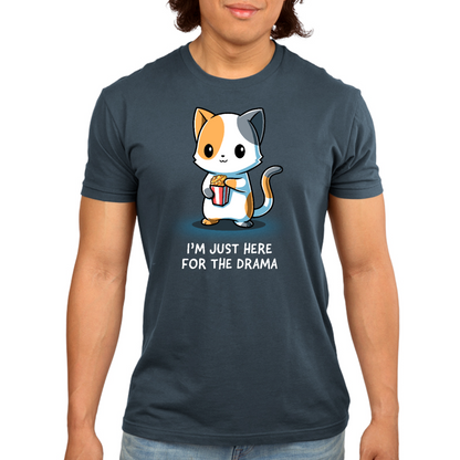 Men's Premium T-Shirt_TeeTurtle dark teal I'm Just Here For The Drama Men's Premium T-Shirt featuring a curious calico cat holding a tub of popcorn with the text "I'm Just Here For The Drama."