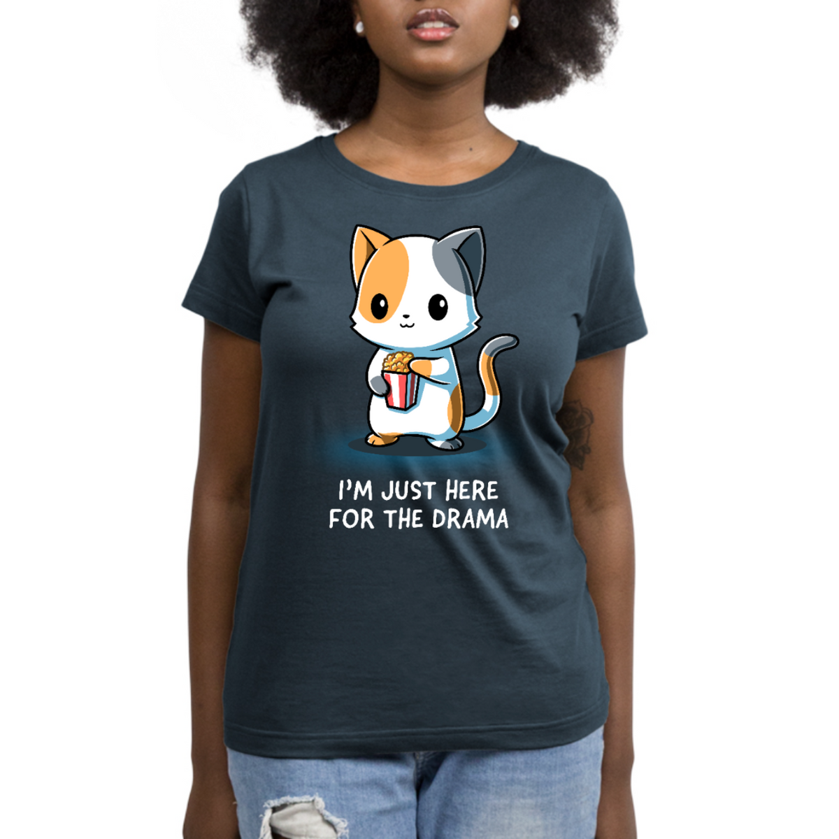 Women's Premium T-Shirt_TeeTurtle dark teal I'm Just Here For The Drama Women's Premium T-Shirt featuring a curious calico cat holding a tub of popcorn with the text "I'm Just Here For The Drama."