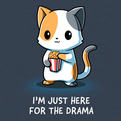 Men's Premium T-Shirt_TeeTurtle dark teal I'm Just Here For The Drama Men's Premium T-Shirt featuring a curious calico cat holding a tub of popcorn with the text "I'm Just Here For The Drama."