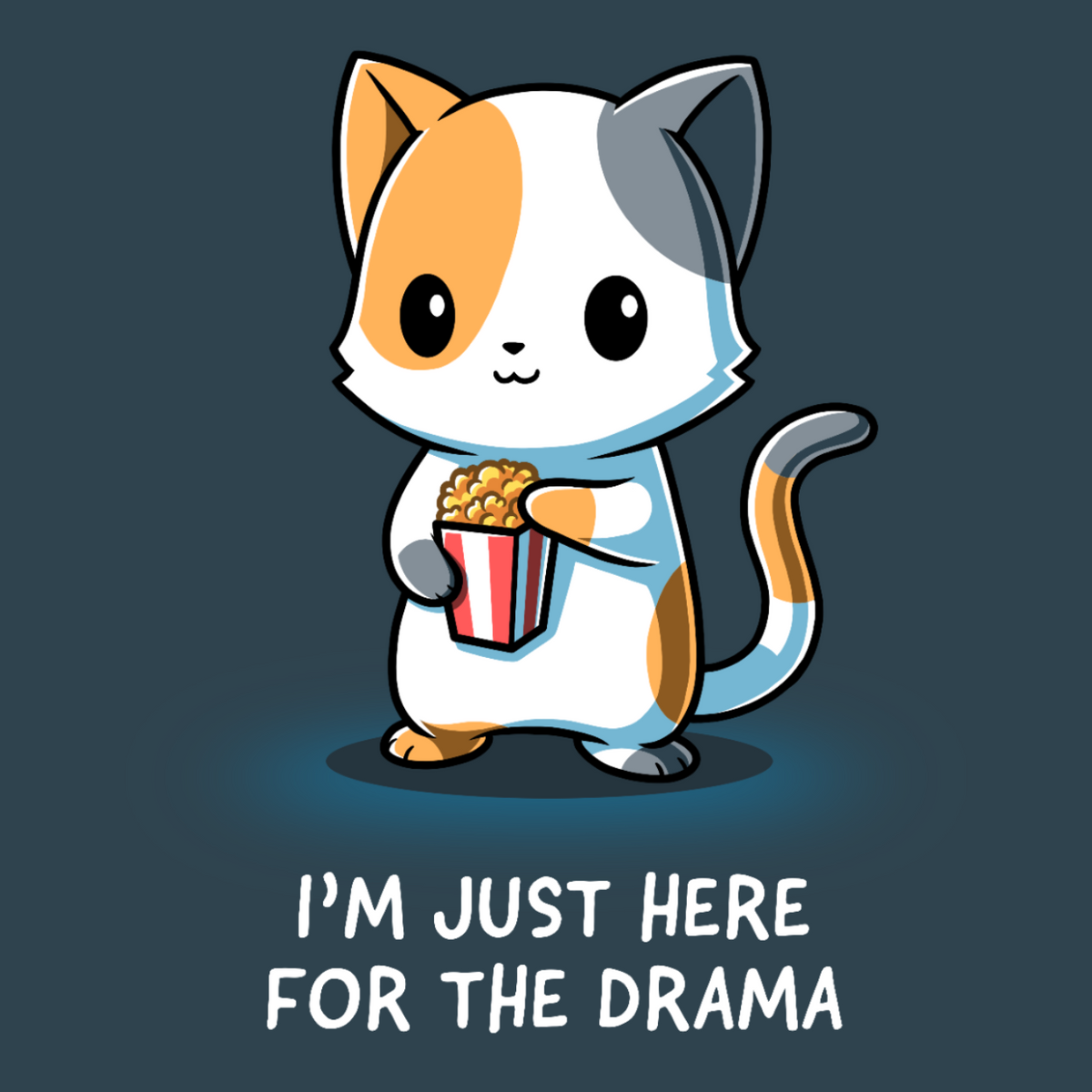 Women's Premium T-Shirt_TeeTurtle dark teal I'm Just Here For The Drama Women's Premium T-Shirt featuring a curious calico cat holding a tub of popcorn with the text "I'm Just Here For The Drama."