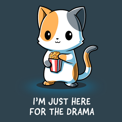 Women's Premium T-Shirt_TeeTurtle dark teal I'm Just Here For The Drama Women's Premium T-Shirt featuring a curious calico cat holding a tub of popcorn with the text "I'm Just Here For The Drama."