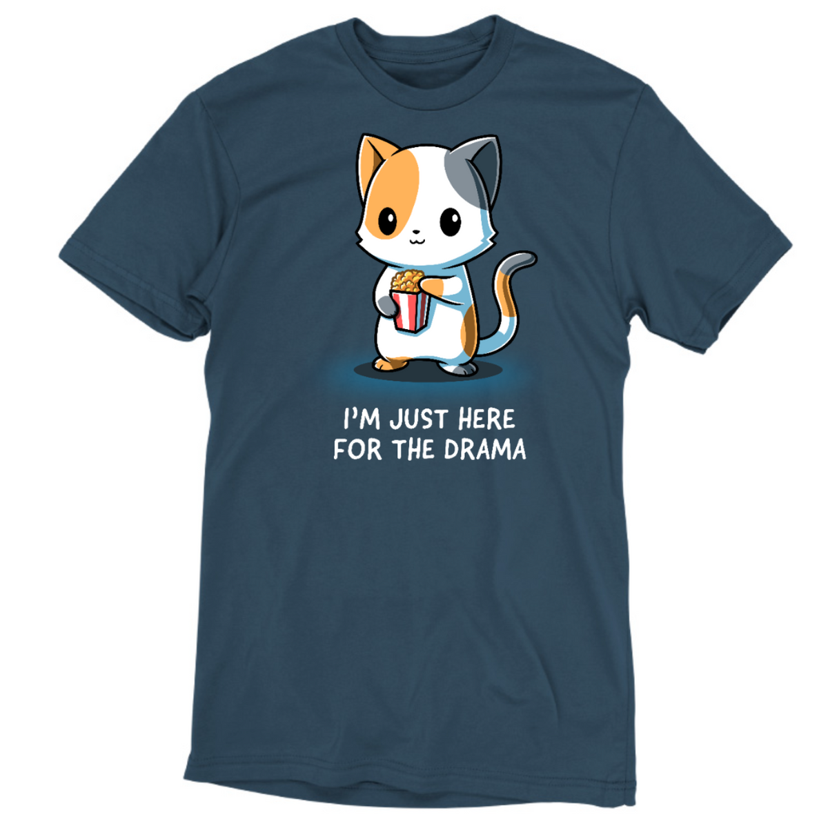 Men's Premium T-Shirt_TeeTurtle dark teal I'm Just Here For The Drama Men's Premium T-Shirt featuring a curious calico cat holding a tub of popcorn with the text "I'm Just Here For The Drama."
