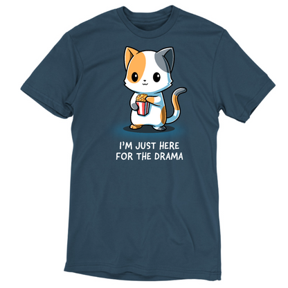 Men's Premium T-Shirt_TeeTurtle dark teal I'm Just Here For The Drama Men's Premium T-Shirt featuring a curious calico cat holding a tub of popcorn with the text "I'm Just Here For The Drama."