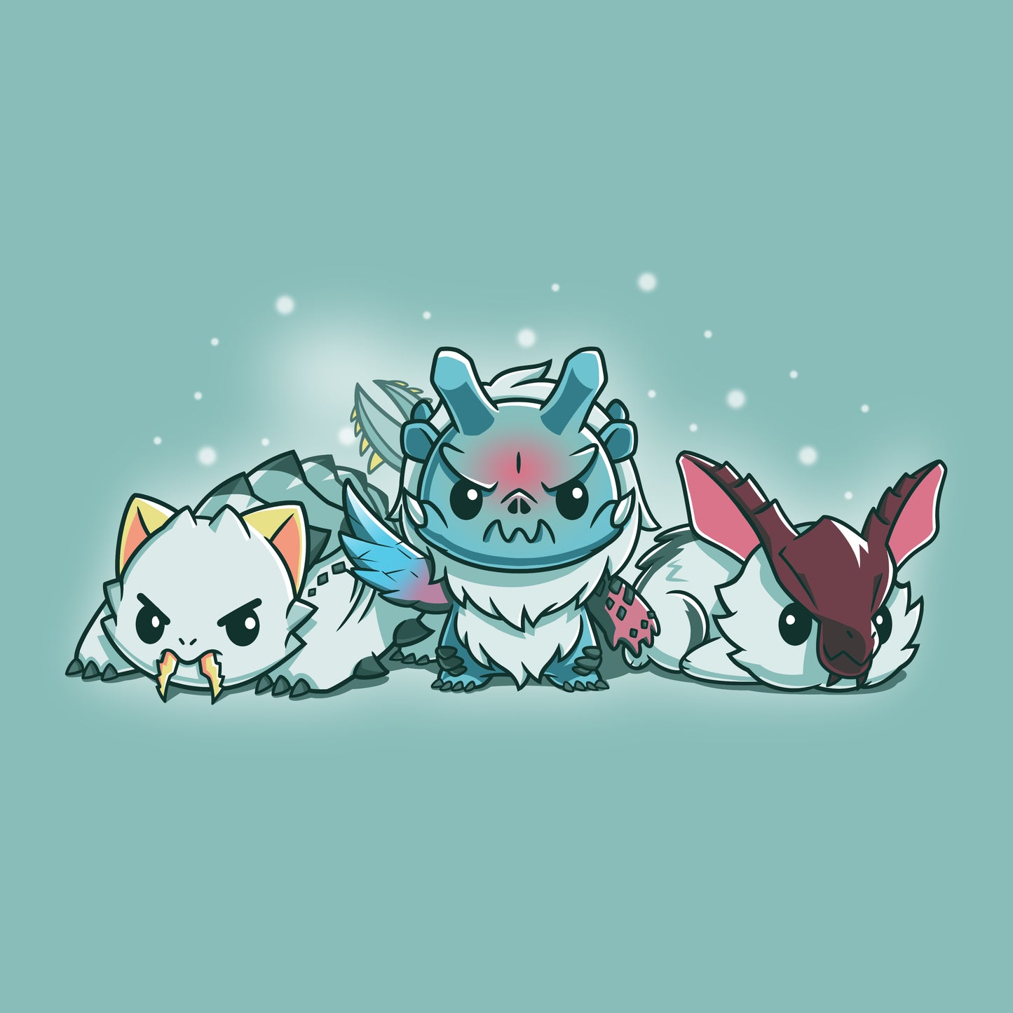 A group of Ice Monsters, officially licensed cartoon animals, laying down on a blue background. (Brand: Monster Hunter)