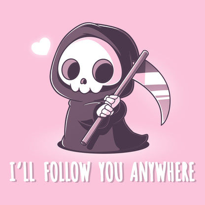 Premium Cotton T-shirt_TeeTurtle I'll follow you anywhere pink t-shirt featuring a grim reaper holding a scythe.