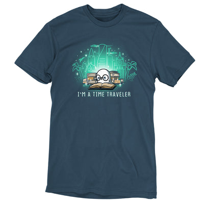 Premium Cotton T-shirt_Teeturtle denim blue I'm a Time Traveler apparel featuring a cute, glasses-wearing owl reading a book with a stack of books behind them with images of all the different time periods rising from those books and 'I'm a Time Traveler' written below.