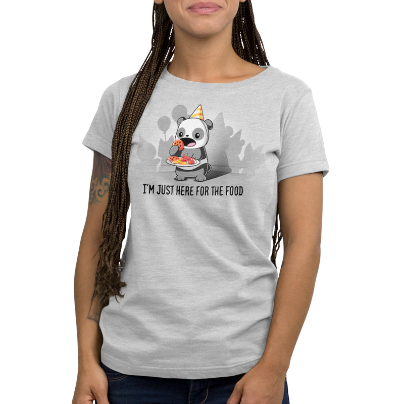 A "I'm Just Here For The Food" t-shirt for women featuring a panda and a cake from TeeTurtle.