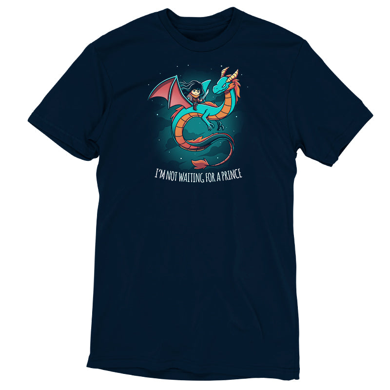 A navy blue t-shirt featuring a dragon and a winged figure wielding a sword, emblazoned with the text "I'M NOT WAITING FOR A PRINCE." Perfect for anyone who loves bold designs. Introducing the **"I'm Not Waiting for a Prince"** t-shirt by **monsterdigital**, designed to make a statement.