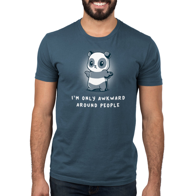 A comfort-loving panda bear wearing a denim blue "I'm Only Awkward Around People" t-shirt from TeeTurtle.