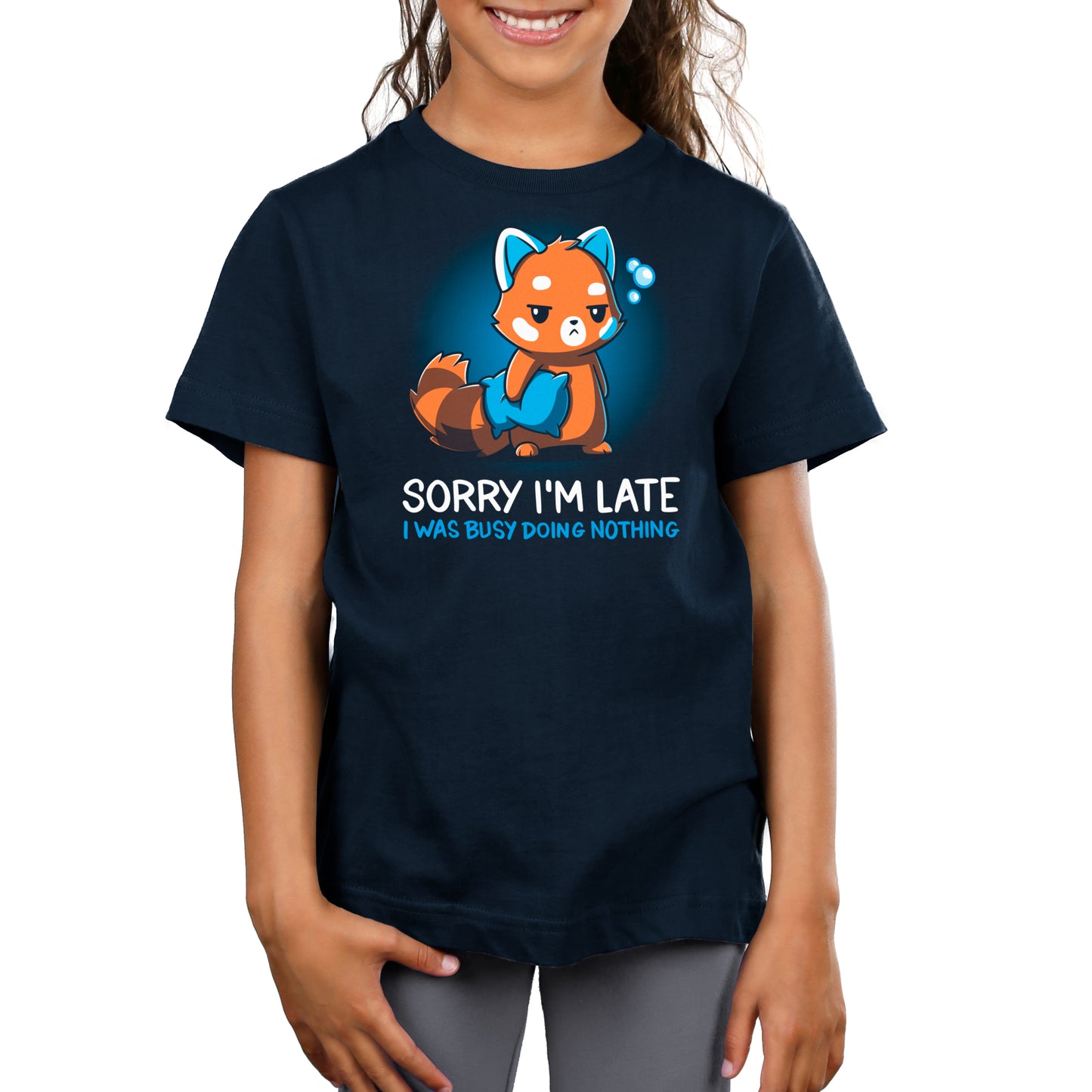 A girl wearing a comfortable "Sorry I'm Late" t-shirt by TeeTurtle.