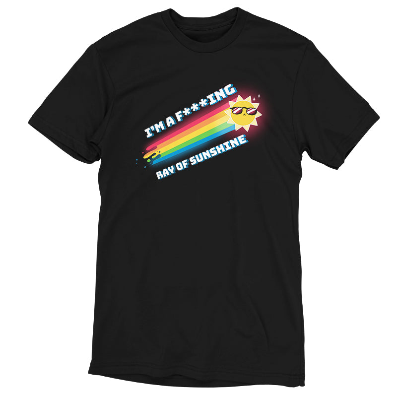 A black casual fit "I'm a F***ing Ray of Sunshine" t-shirt with a rainbow in the middle of it, made by TeeTurtle.