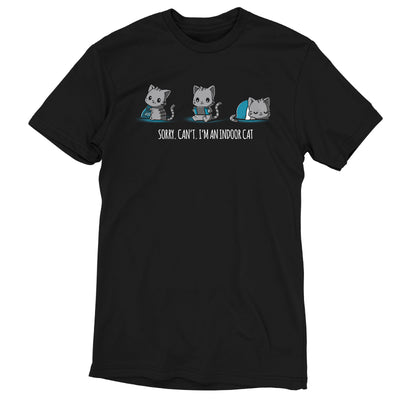 Premium Cotton T-shirt_TeeTurtle I'm an Indoor Cat black t-shirt featuring three gray cats one eating chips, one playing video games, one sleeping