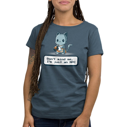 A woman wearing a "I'm Just an NPC" TeeTurtle t-shirt.