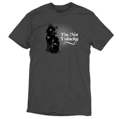 Premium Cotton T-shirt_TeeTurtle I'm not Unlucky charcoal gray t-shirt featuring a black cat with green eyes sitting.