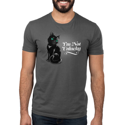 Premium Cotton T-shirt_TeeTurtle I'm not Unlucky charcoal gray t-shirt featuring a black cat with green eyes sitting.