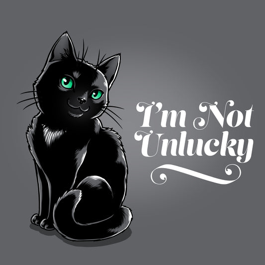 Premium Cotton T-shirt_TeeTurtle I'm not Unlucky charcoal gray t-shirt featuring a black cat with green eyes sitting.