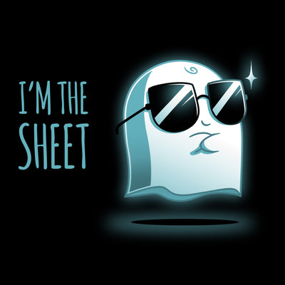 Premium Cotton T-shirt_TeeTurtle black I'm the Sheet featuring a smug-looking ghost wearing sunglasses, arms crossed over its chest with 'I'm the Sheet' written next to it.