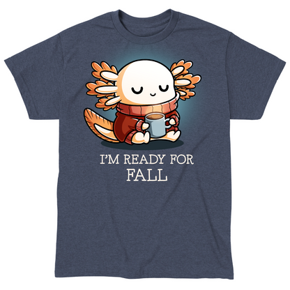 Classic Cotton T-shirt_TeeTurtle gray I'm Ready For Fall Classic Cotton T-shirt featuring a cute smiling axolotl wearing a cozy orange sweater and scarf while holding a warm mug beneath the phrase "I'm Ready For Fall."
