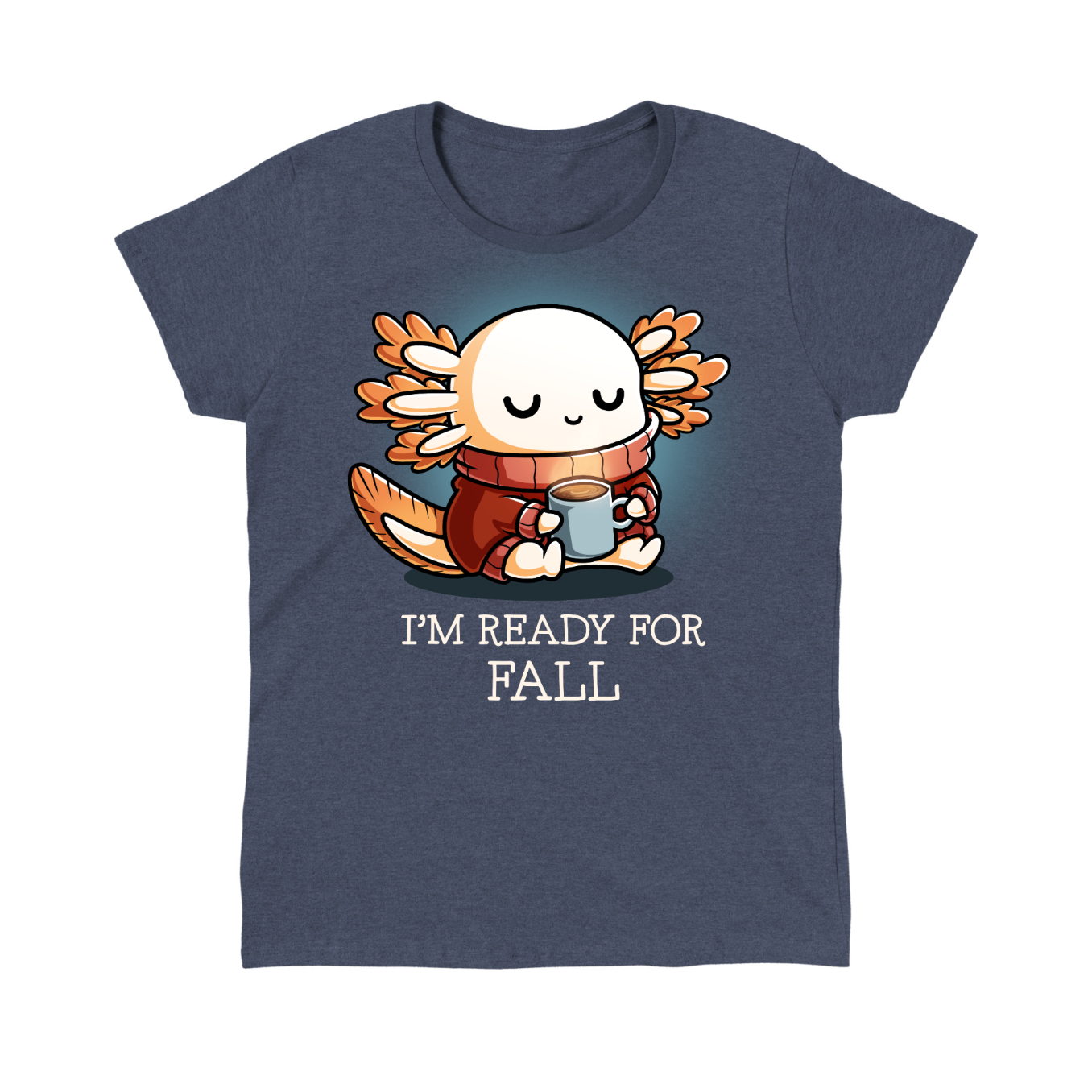 Classic Cotton T-shirt_TeeTurtle gray I'm Ready For Fall Classic Cotton T-shirt featuring a cute smiling axolotl wearing a cozy orange sweater and scarf while holding a warm mug beneath the phrase "I'm Ready For Fall."
