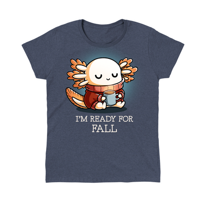 Classic Cotton T-shirt_TeeTurtle gray I'm Ready For Fall Classic Cotton T-shirt featuring a cute smiling axolotl wearing a cozy orange sweater and scarf while holding a warm mug beneath the phrase "I'm Ready For Fall."