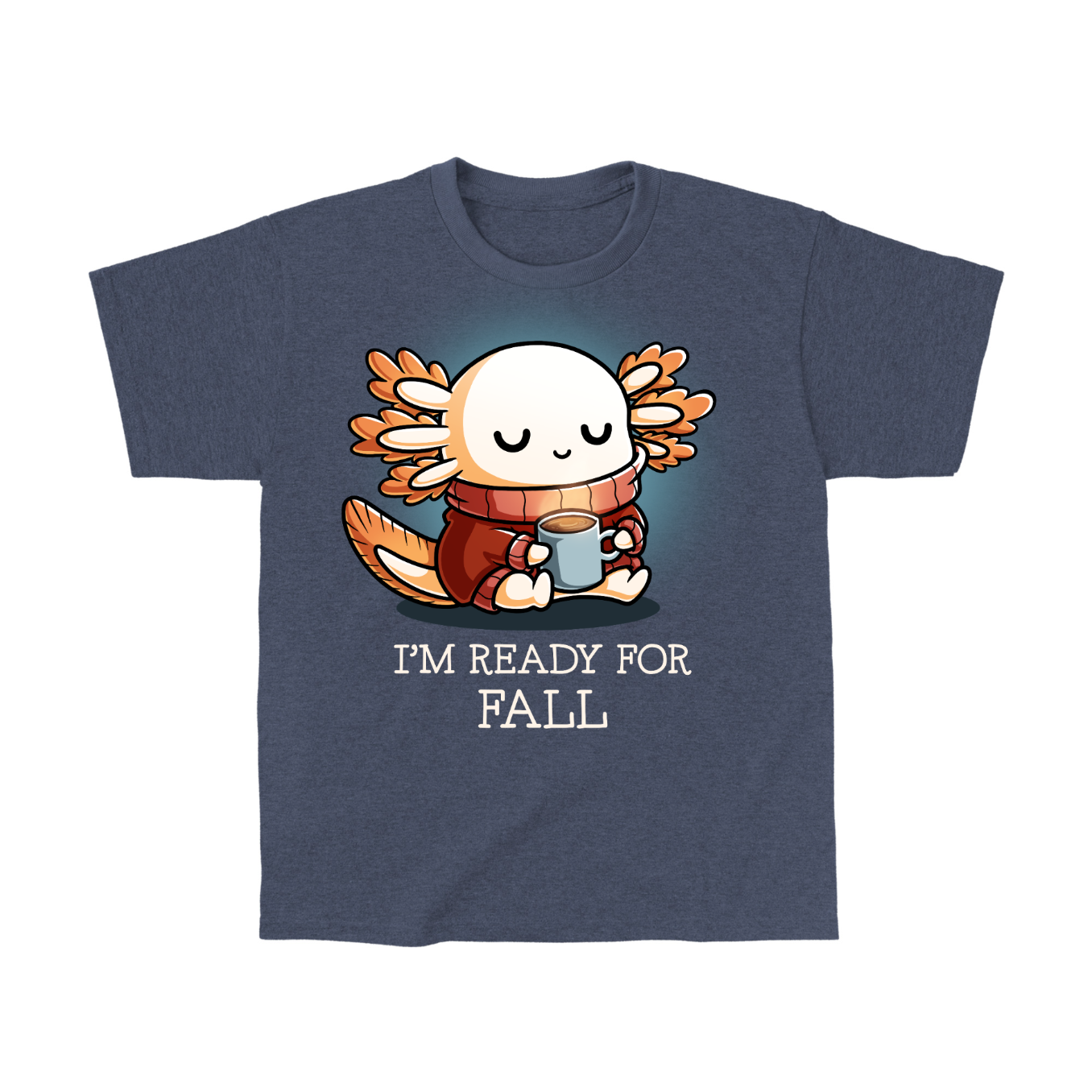 Classic Cotton T-shirt_TeeTurtle gray I'm Ready For Fall Classic Cotton T-shirt featuring a cute smiling axolotl wearing a cozy orange sweater and scarf while holding a warm mug beneath the phrase "I'm Ready For Fall."