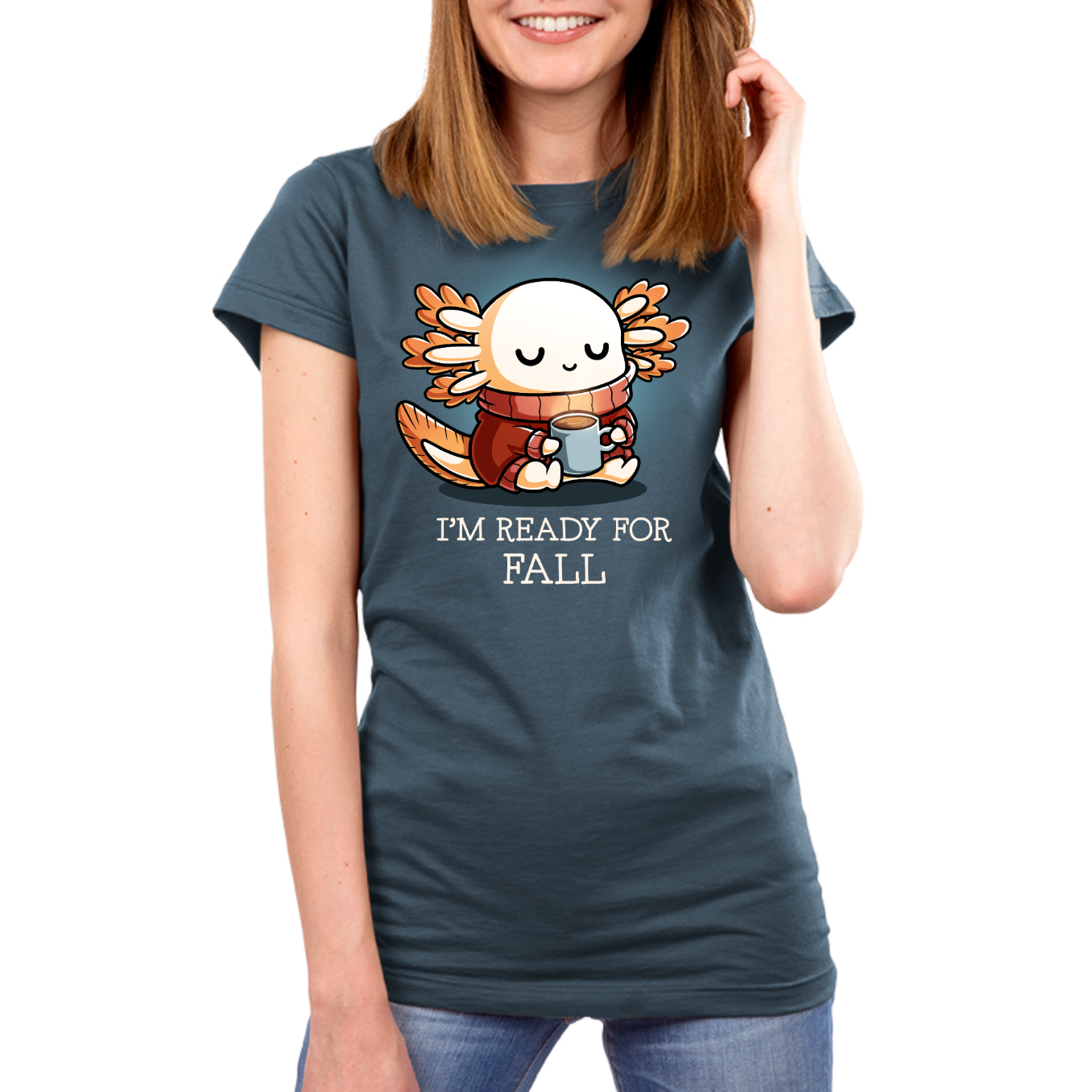 Premium Cotton T-shirt_TeeTurtle gray I'm Ready For Fall Premium Cotton T-shirt featuring a cute smiling axolotl wearing a cozy orange sweater and scarf while holding a warm mug beneath the phrase "I'm Ready For Fall."