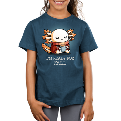 Premium Cotton T-shirt_TeeTurtle gray I'm Ready For Fall Premium Cotton T-shirt featuring a cute smiling axolotl wearing a cozy orange sweater and scarf while holding a warm mug beneath the phrase "I'm Ready For Fall."