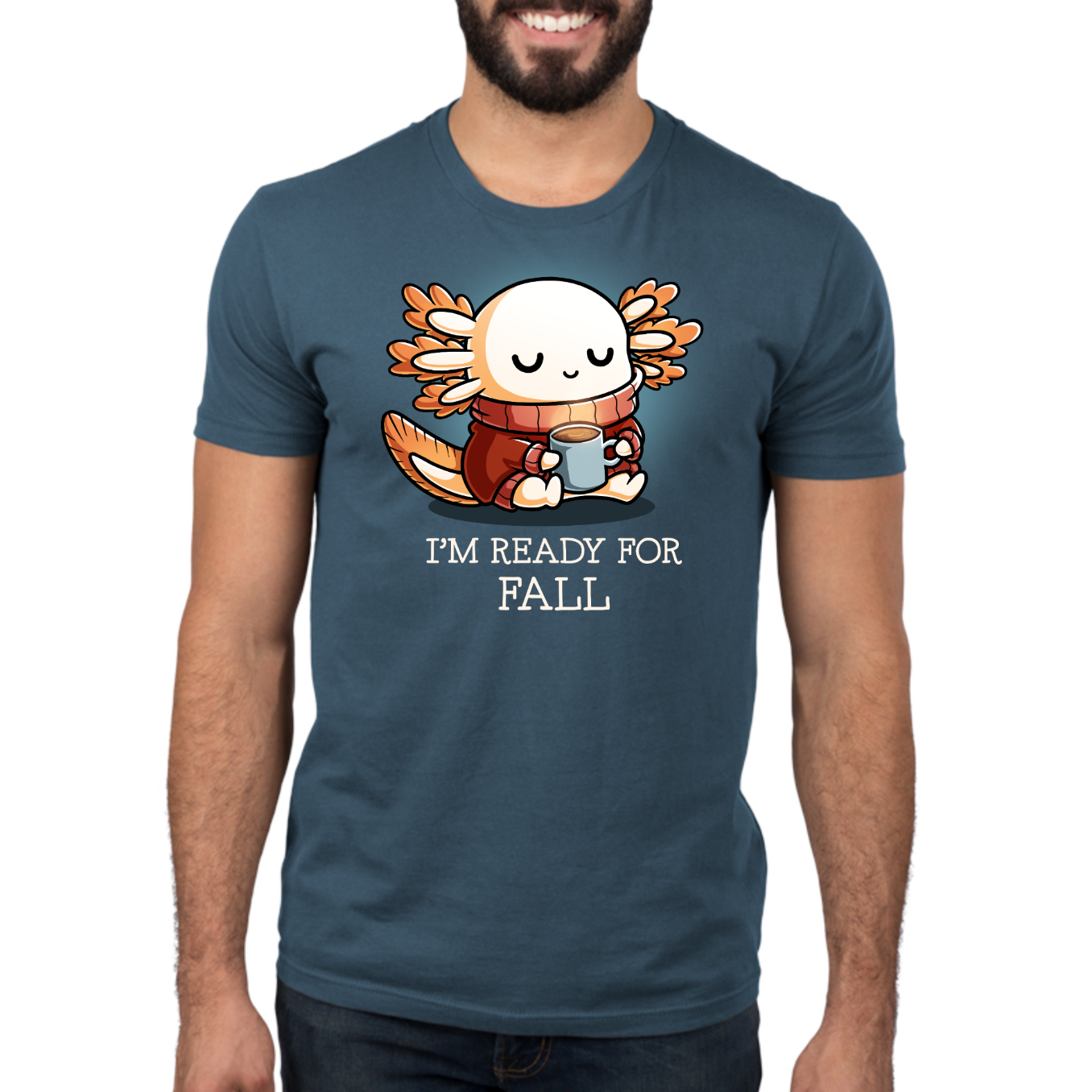 Premium Cotton T-shirt_TeeTurtle gray I'm Ready For Fall Premium Cotton T-shirt featuring a cute smiling axolotl wearing a cozy orange sweater and scarf while holding a warm mug beneath the phrase "I'm Ready For Fall."