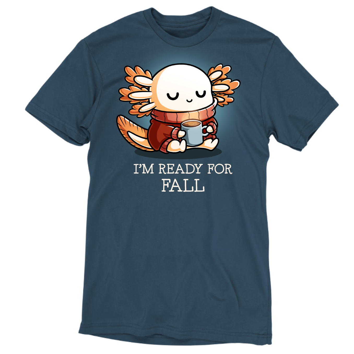Premium Cotton T-shirt_TeeTurtle gray I'm Ready For Fall Premium Cotton T-shirt featuring a cute smiling axolotl wearing a cozy orange sweater and scarf while holding a warm mug beneath the phrase "I'm Ready For Fall."