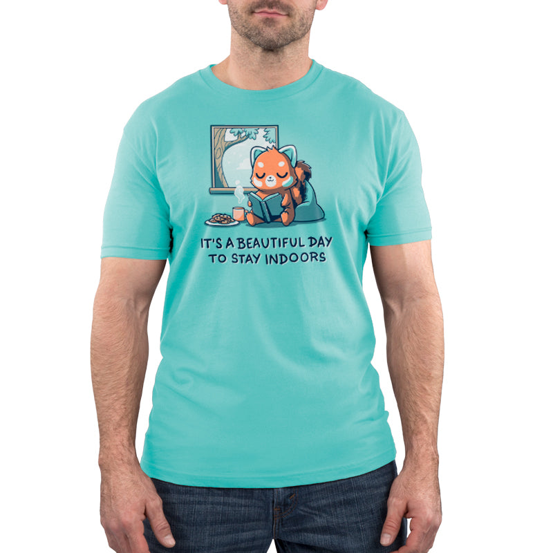 An "It's a Beautiful Day to Stay Indoors" t-shirt featuring an octopus using a computer indoors by TeeTurtle.