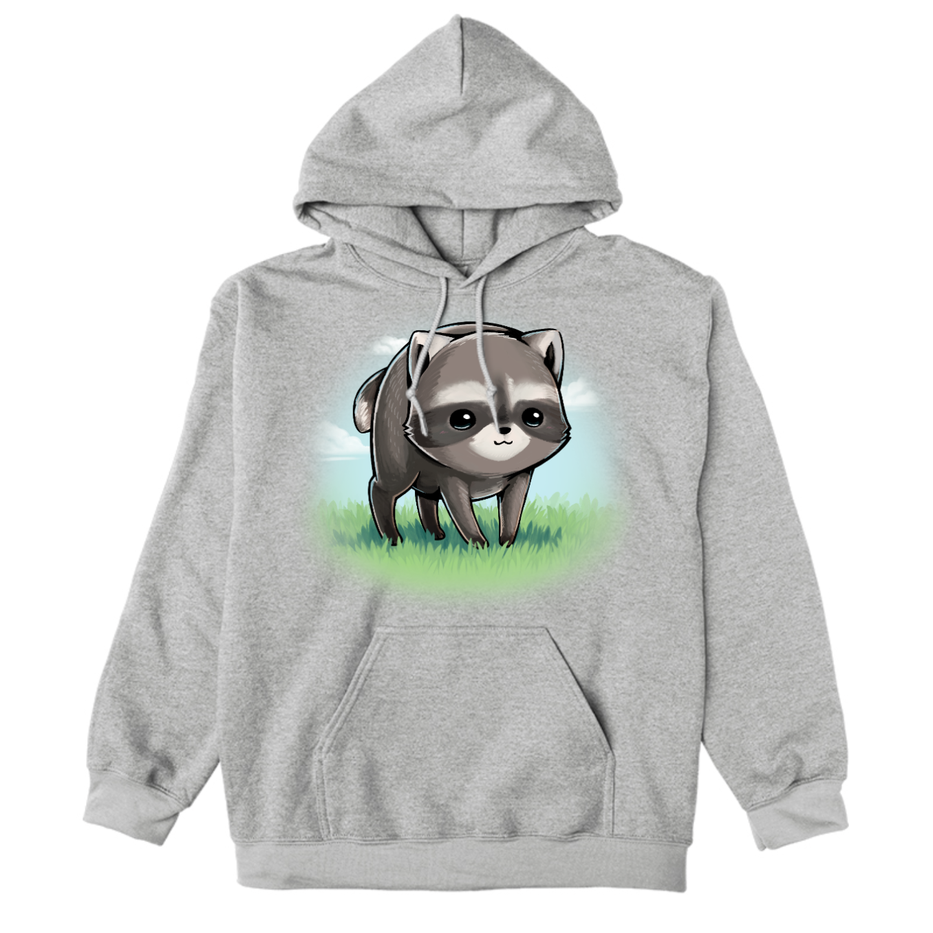 Pullover Hoodie_TeeTurtle sport grey The Little Round Raccoon Pullover Hoodie featuring a cute illustration of Jimothy, a raccoon with a short spine who gained internet fame for his unusual looks. He's smiling and you can see a little bit of the grass under him and the sky behind him. 