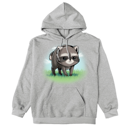 Pullover Hoodie_TeeTurtle sport grey The Little Round Raccoon Pullover Hoodie featuring a cute illustration of Jimothy, a raccoon with a short spine who gained internet fame for his unusual looks. He's smiling and you can see a little bit of the grass under him and the sky behind him. 