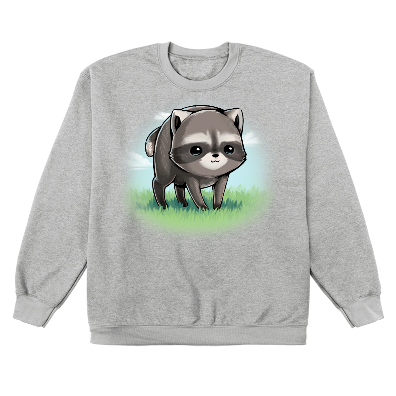 Crew Neck Sweatshirt_TeeTurtle sport grey The Little Round Raccoon Crew Neck Sweatshirt featuring a cute illustration of Jimothy, a raccoon with a short spine who gained internet fame for his unusual looks. He's smiling and you can see a little bit of the grass under him and the sky behind him. 