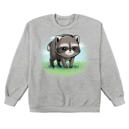 Crew Neck Sweatshirt_TeeTurtle sport grey The Little Round Raccoon Crew Neck Sweatshirt featuring a cute illustration of Jimothy, a raccoon with a short spine who gained internet fame for his unusual looks. He's smiling and you can see a little bit of the grass under him and the sky behind him. 