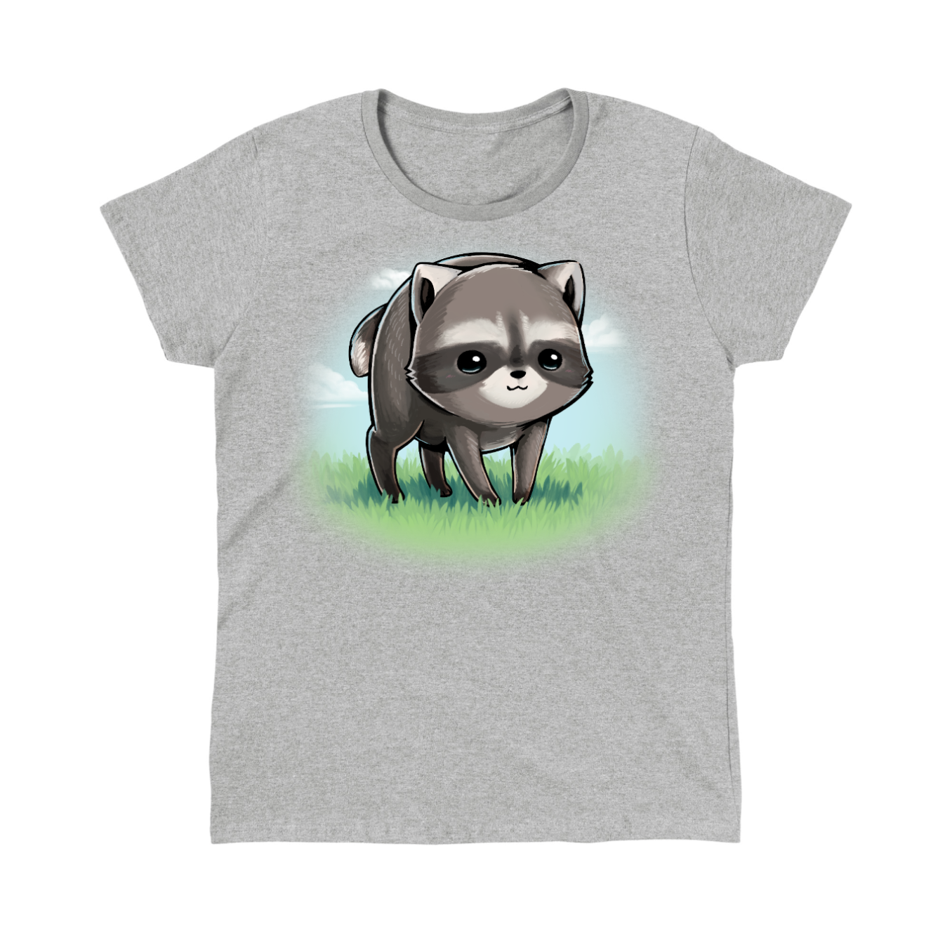 Classic Cotton T-shirt_TeeTurtle sport grey The Little Round Raccoon Classic Cotton T-shirt featuring a cute illustration of Jimothy, a raccoon with a short spine who gained internet fame for his unusual looks. He's smiling and you can see a little bit of the grass under him and the sky behind him. 