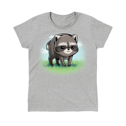 Classic Cotton T-shirt_TeeTurtle sport grey The Little Round Raccoon Classic Cotton T-shirt featuring a cute illustration of Jimothy, a raccoon with a short spine who gained internet fame for his unusual looks. He's smiling and you can see a little bit of the grass under him and the sky behind him. 