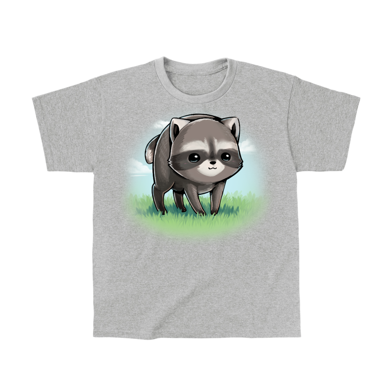 Classic Cotton T-shirt_TeeTurtle sport grey The Little Round Raccoon Classic Cotton T-shirt featuring a cute illustration of Jimothy, a raccoon with a short spine who gained internet fame for his unusual looks. He's smiling and you can see a little bit of the grass under him and the sky behind him. 
