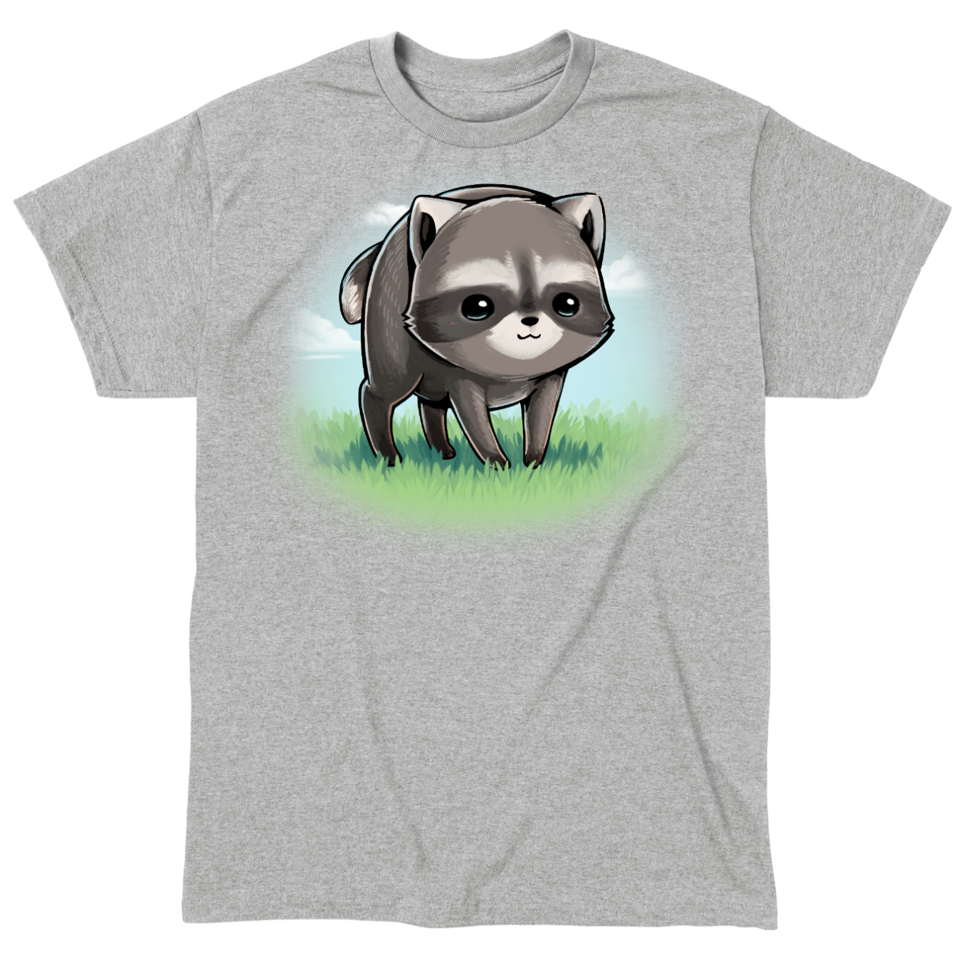 Classic Cotton T-shirt_TeeTurtle sport grey The Little Round Raccoon Classic Cotton T-shirt featuring a cute illustration of Jimothy, a raccoon with a short spine who gained internet fame for his unusual looks. He's smiling and you can see a little bit of the grass under him and the sky behind him. 